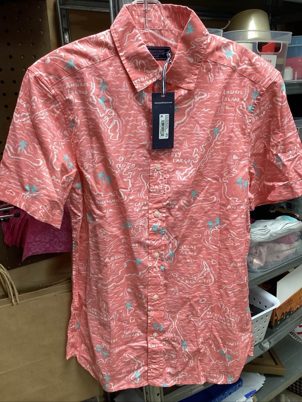 Vineyard Vines Coral Button-Down Island Map Shirt with Teal Accents